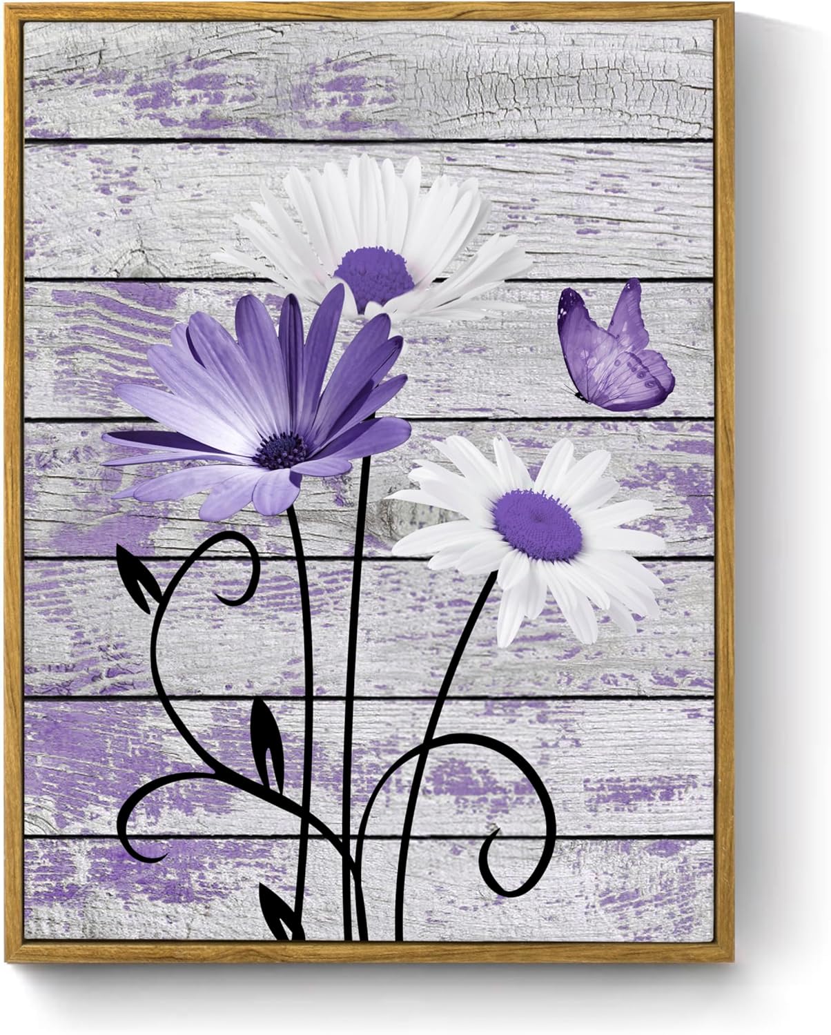 HVEST Farmhouse Floral Wall Art for Living Room, Blue and White Daisy Flower and Butterfly on Rustic Wood Board Canvas Wall Art Framed Artwork Ready to Hang for Bathroom Bedroom Decor, 16L X 12W
