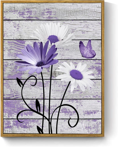 HVEST Farmhouse Floral Wall Art for Living Room, Blue and White Daisy Flower and Butterfly on Rustic Wood Board Canvas Wall Art Framed Artwork Ready to Hang for Bathroom Bedroom Decor, 16L X 12W