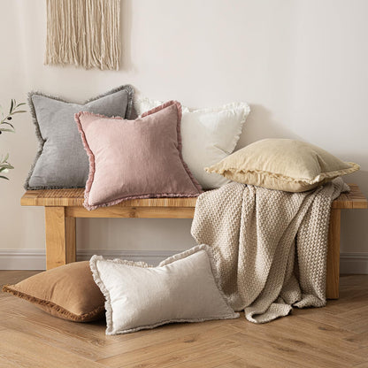MIULEE Decorative Throw Pillow Covers Neutral Linen Fringe Throw Pillows Set of 2 Natural Beige Boho Farmhouse Cushion Covers with Tassels for Couch Sofa Bed Spring Home Decor 20x20 Inch