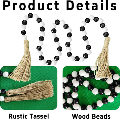 pson 39.4 Inch Wood Bead Garland with Tassels, Farmhouse Beads for Wall Hanging, Boho Rustic Prayer Beads, and Home Décor(Black and White)
