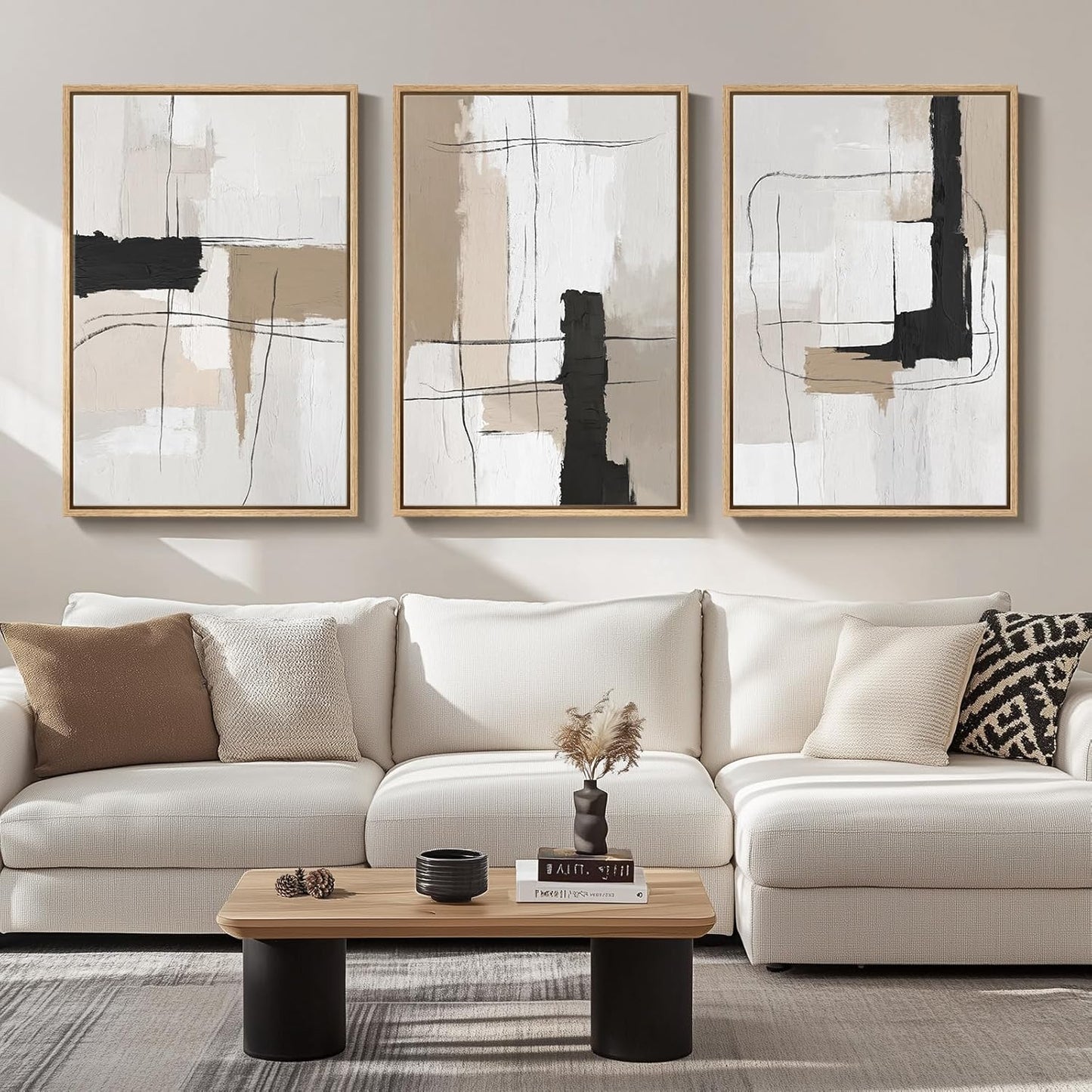 Large Framed Neutral Abstract Wall Art for Living Room, 3 Piece Modern Canvas Prints Paintings Artwork for Walls, Black and Beige Pictures for Living Room Hallway Stair Office Wall Decor 24x36 Inch