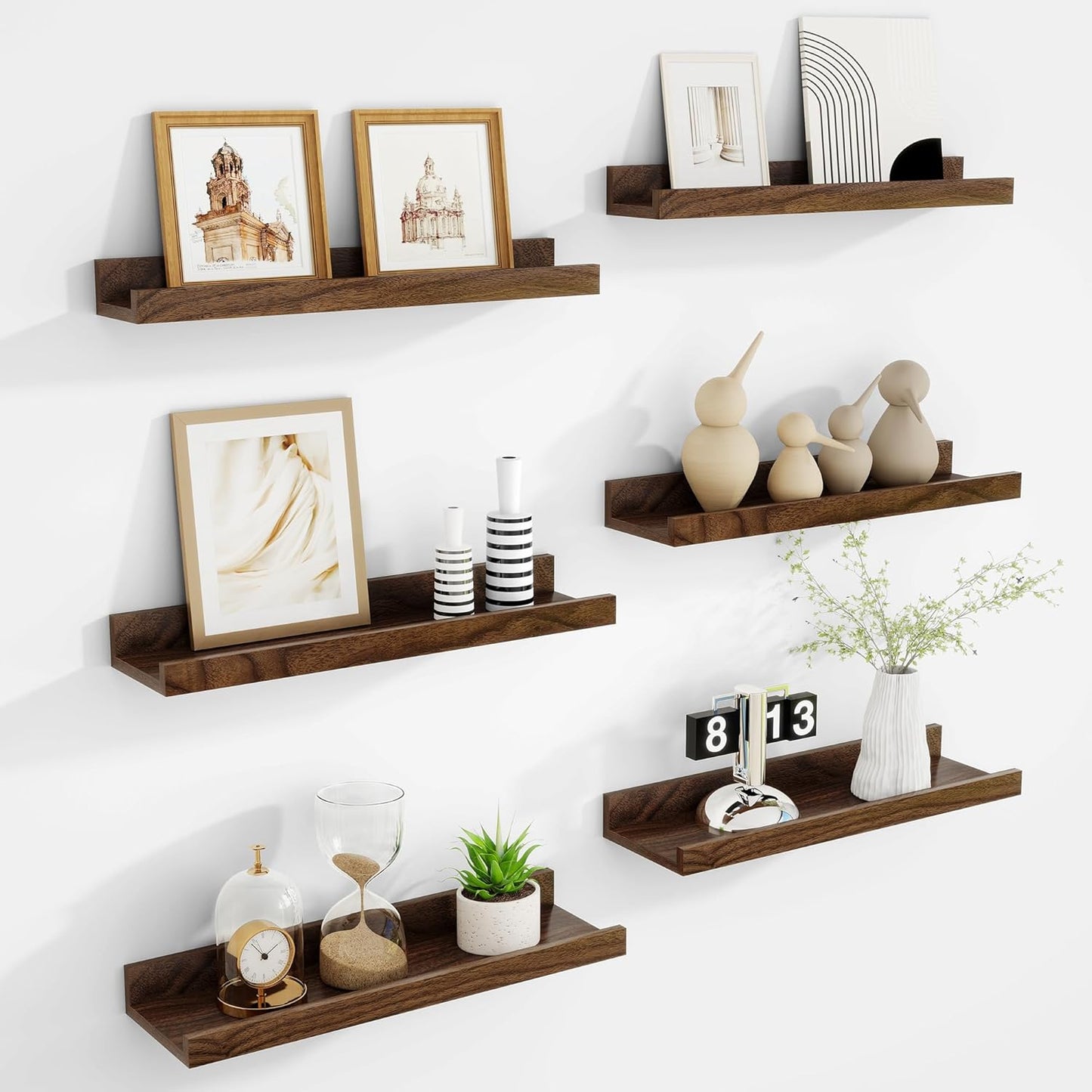 Acovy Picture Ledge Shelf Set of 6, 48 inch Long Large Floating Shelves for Wall with Lip, Wall Mounted Shelves for Living Room, Bedroom, Bathroom, Kitchen, Nursery,Oak