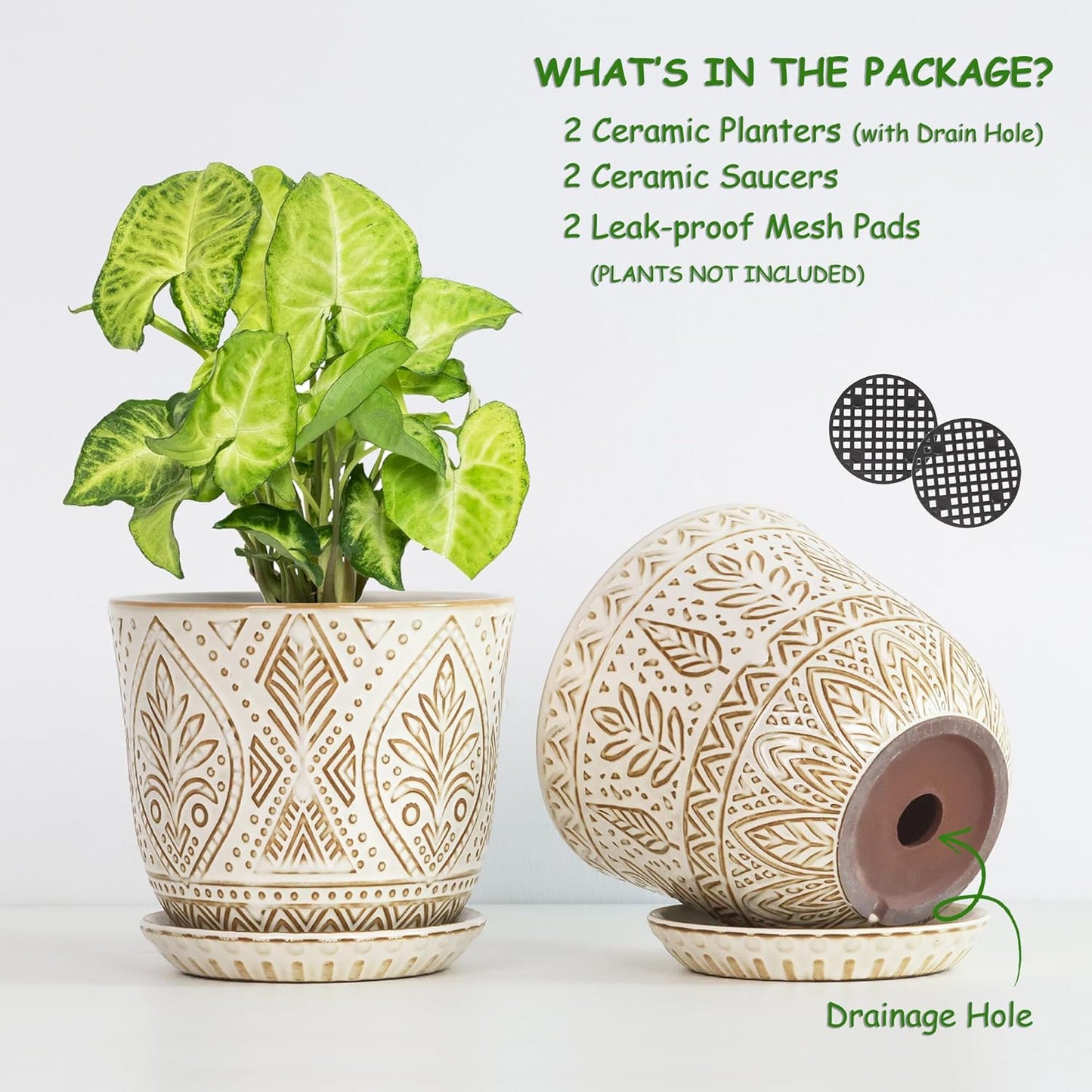 Gepege 6 Inch Beaded Ceramic Planter Set of 2 with Drainage Hole and Saucer for Plants, Indoor-Outdoor Large Round Succulent Orchid Flower Pot (Smoked Gray, Inner-pots not Larger Than 5 Inch)