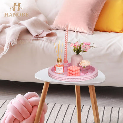 Hanobe Round Wooden Decorative Tray: White Washed Bead Tray Decor for Coffee Table Centerpiece Rustic Farmhouse Tray for Kitchen Counter Living Room Decoration