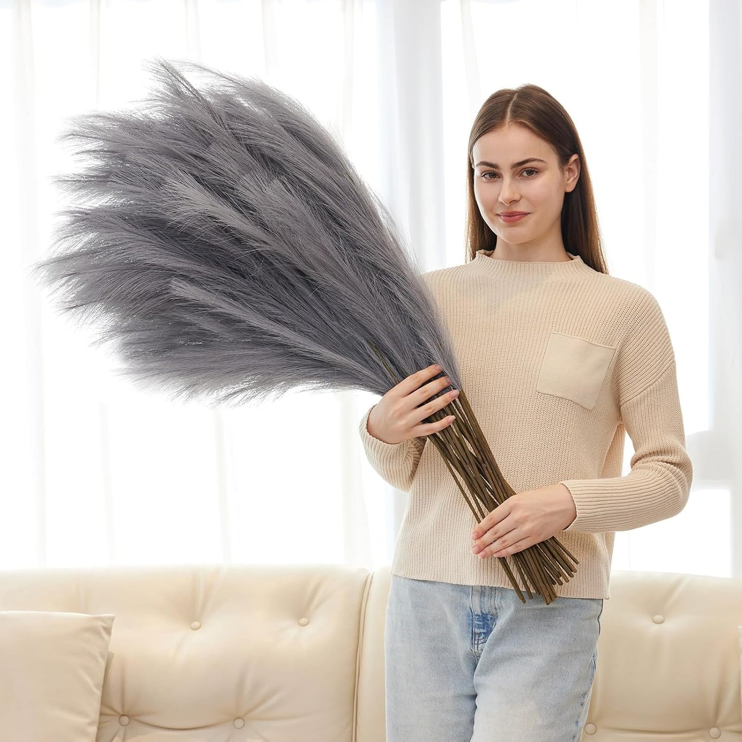 10 Pcs 39''/3.2FT Faux Pampas Grass Decor, Large Tall Fluffy Artificial Fake Flower, Bedroom Decor Boho Decor Pompas Floral for Vase Filler Farmhouse Home Wedding Decor (Blue)