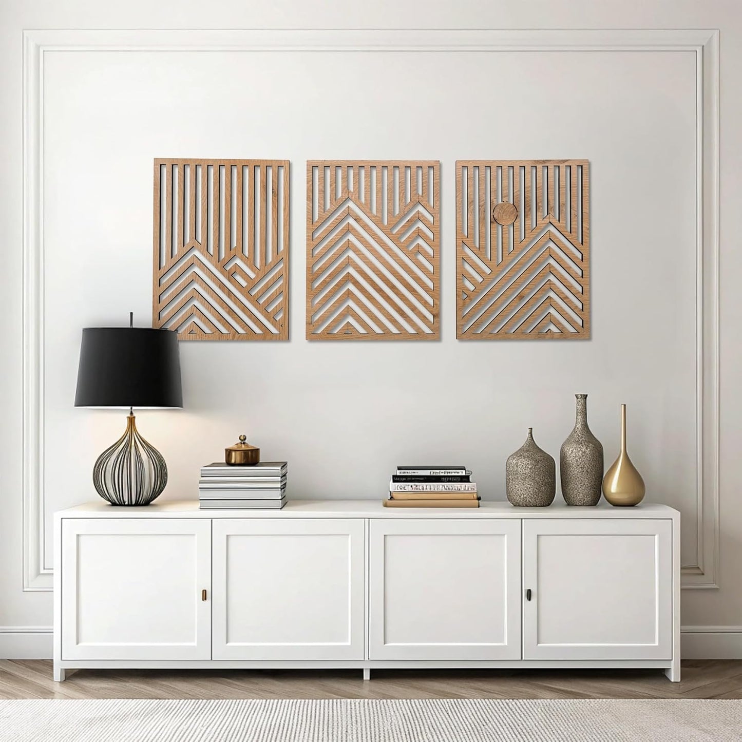 qmmp Modern Wooden Wall Sculptures - Set of 3 - Home Decor Accent - Large Wall Art for Living Room, Bedroom, Office - Easy Installation (Oak, Medium - Mountain and Sun)