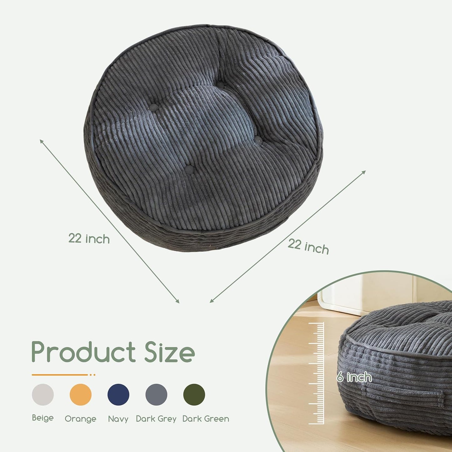 HIGOGOGO 6" Extra Thick Floor Pillow Cushion for Adults, Meditation Cushion Pillow, Large Square Floor Sitting, Tufted Corduroy Cover, for Tatami Living Room or Yoga, 22x22 Inch, 2Pack, Dark Grey