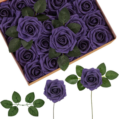 InnoGear Artificial Flowers, 50 Pcs Dark Red Foam Fake Roses Bulk with Stems for Mother's Gift Decoration Celebration DIY Wedding Bouquets Centerpieces Bridal Shower Party Christmas Tree