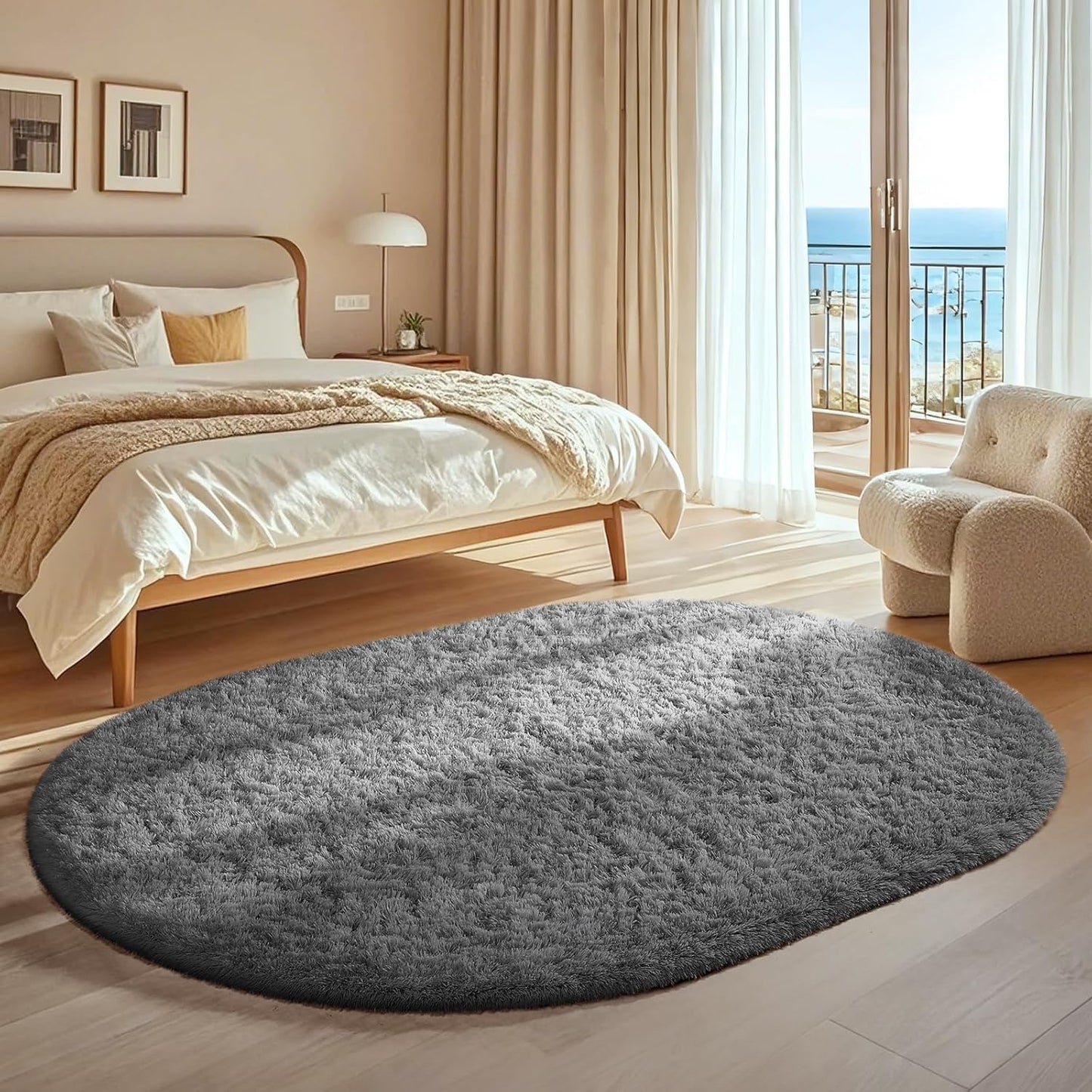Ophanie Round Rugs 5Ft Ivory Circle Area Rug, Nursery Room Decor, Christmas Aesthetic Bedroom Home Circular Carpet 5 Foot, Fluffy Fuzzy Shag Plush Cream Living Room Rugs for Kids Boys Girls Teen Baby