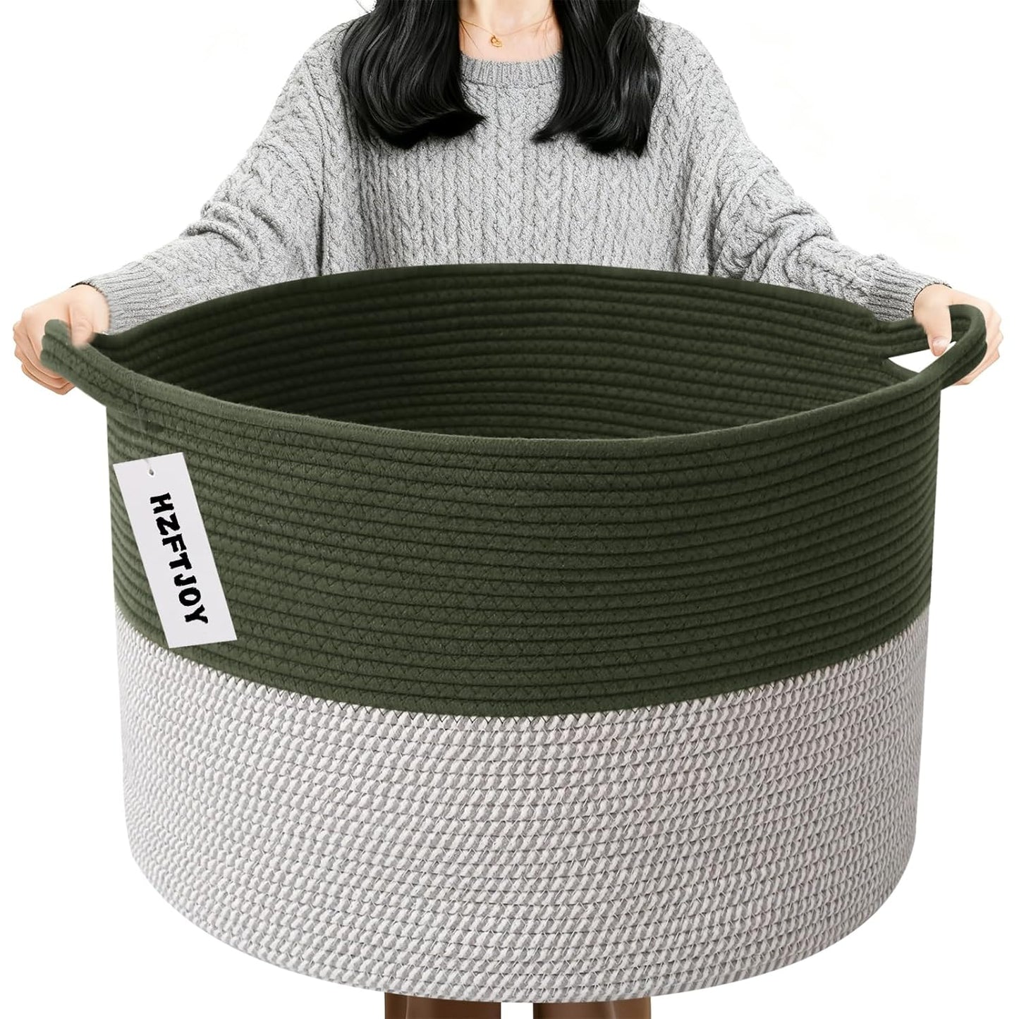 Large Woven Blanket Basket,65L Cotton Rope Laundry Basket Hamper with Handles, Decorative Nursery Basket Storage Bin for Toys, Clothes Organizer, Living Room, Bedroom, Bathroom, White & Brown