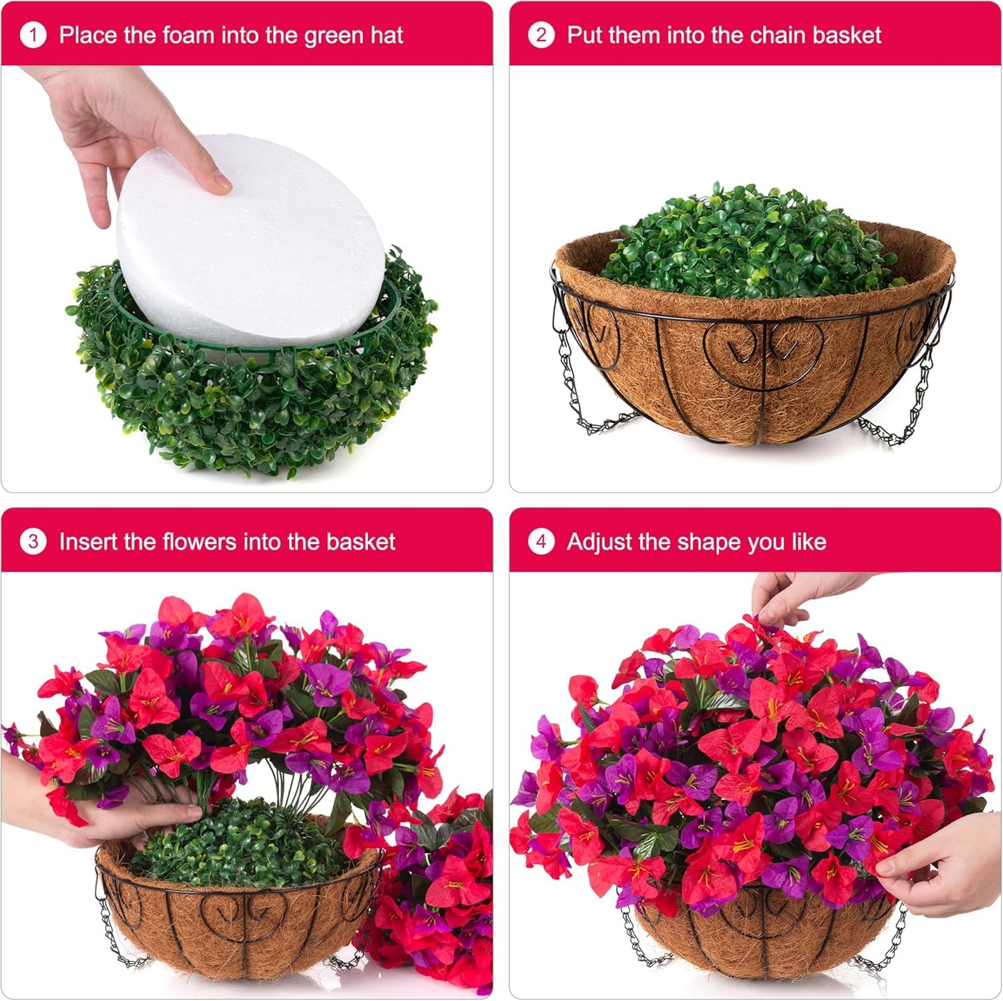 Artificial Hanging Flowers Faux Plants Basket for Outdoors Spring Summer Decor, Fake Silk Bougainvillea in Planter Outdoor Look Real UV Resistant Faux Flower for Outside Porch Patio Garden Home, White