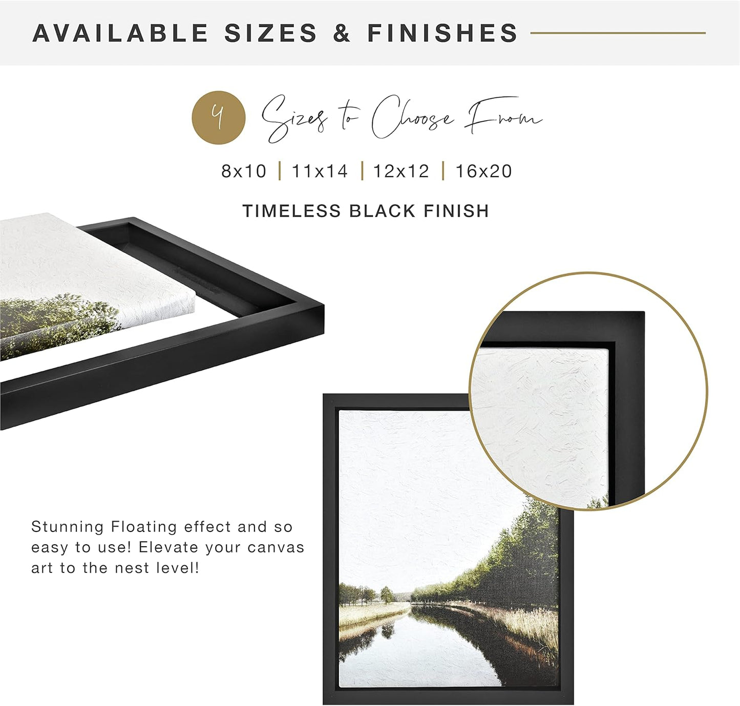 MCS Canvas Float Frames 8x10 Frame, Black Frame for Finished Canvases, Vertical & Horizontal Wall Hanging Frame with Adhesive for Canvas Paintings (1-Pack)