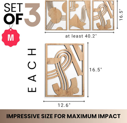 qmmp Modern Wooden Wall Sculptures - Set of 3 - Home Decor Accent - Large Wall Art for Living Room, Bedroom, Office - Easy Installation (Oak, Medium - Mountain and Sun)