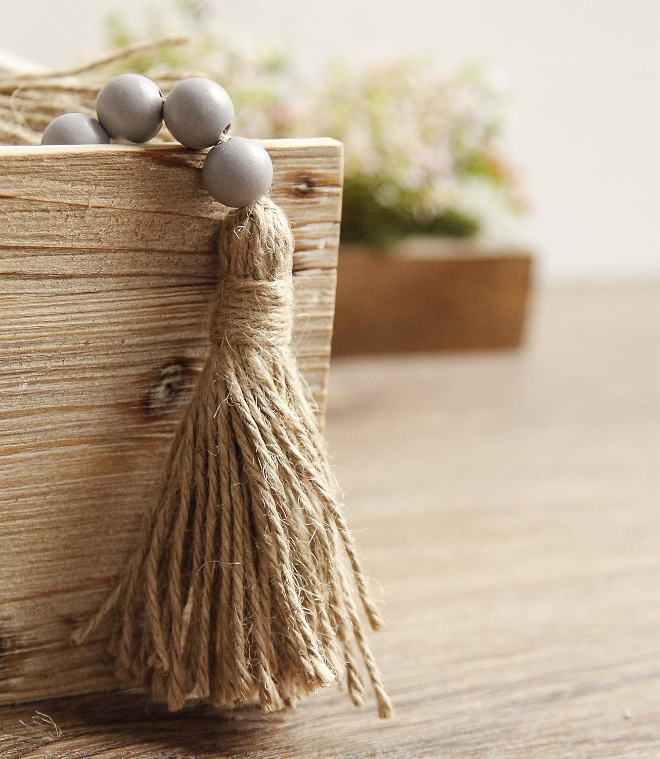 58in Wood Bead Garland with Tassels, Farmhouse Rustic Country Decor Prayer Boho Wall Hanging Decoration (Nature)