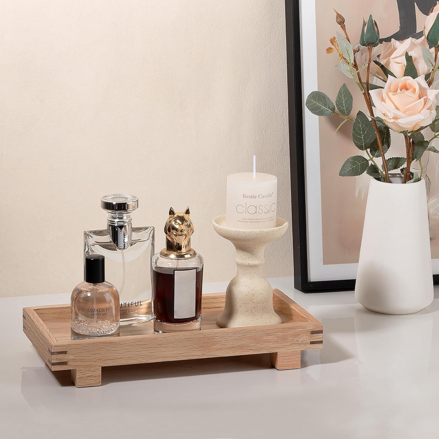 Decorative Tray Small Pedestal Stand Farmhouse Bathroom Decor Wooden Riser Display Stand for Vanity, Kitchen Countertop, Sink, 9.4 * 4.7 White
