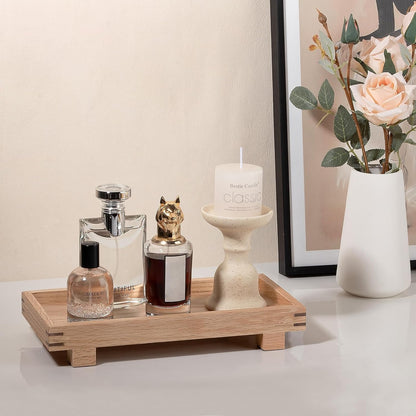 Decorative Tray Small Pedestal Stand Farmhouse Bathroom Decor Wooden Riser Display Stand for Vanity, Kitchen Countertop, Sink, 9.4 * 4.7 White