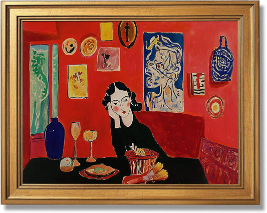 Gold Framed Modern Abstract Woman Wall Art Vintage Mid Century Home Lady Red Poster Colorful Expressionist Feminist Girl Canvas Painting Print Gallery Bedroom Wall Decor 12x16inch