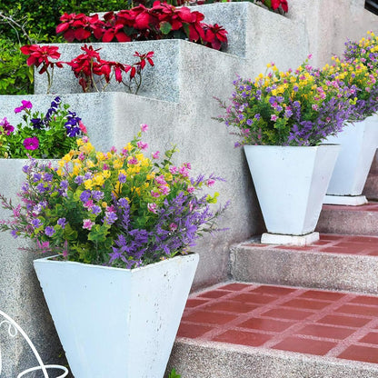 Hananona 12 Pcs Artificial Flowers Outdoor, Faux Artificial Plants UV Resistant Plastic Flower Bulk for Hanging Planter Porch Window Home Wedding Fall Summer Decor (12, Fuchsia, Purple, Yellow, Green)
