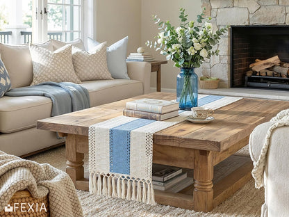 FEXIA Boho Table Runner for Thanksgiving Fall Christmas Home Decor with Tassels 72 Inches Long Pottery barn Furniture Farmhouse Rustic Macrame Burlap Table Decoration for Living Room (12x72 Inches)