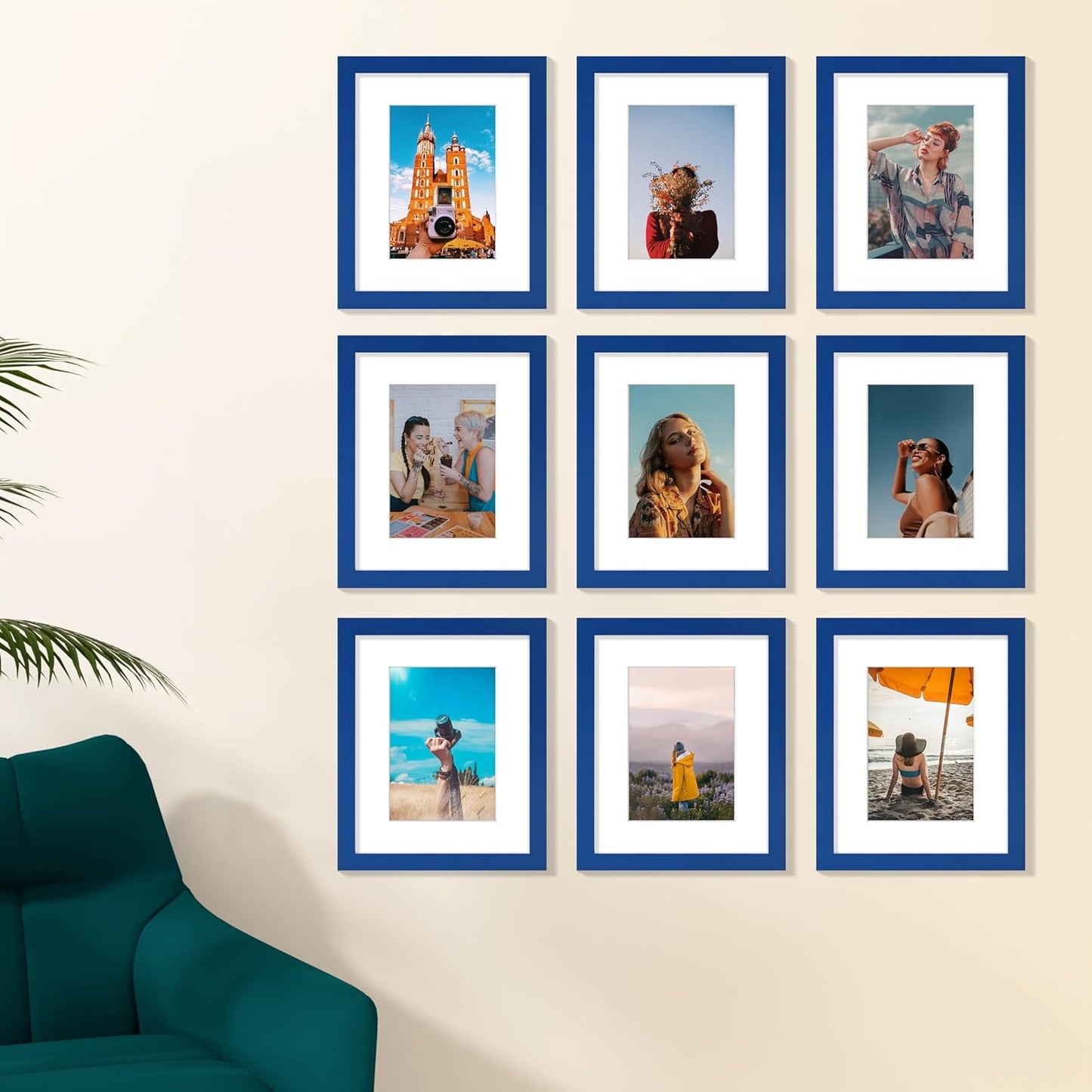 Vittanly 8x10 Picture Frames Set of 9, Shatter Resistant Plexiglass, Display 5x7 Pictures with Mat or 8x10 without Mat, Photo Frames for Wall or Tabletop, Engineered Wood, Black - Colors B