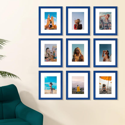 Vittanly 8x10 Picture Frames Set of 9, Shatter Resistant Plexiglass, Display 5x7 Pictures with Mat or 8x10 without Mat, Photo Frames for Wall or Tabletop, Engineered Wood, Black - Colors B
