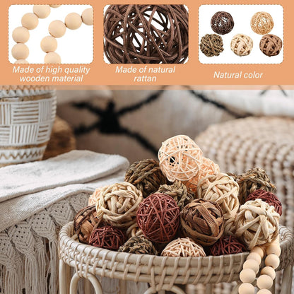 Halloscume 31 Pcs Wicker Rattan Decorative Balls with 30.3 Inch Wood Bead Garland Centerpiece Bowls Orbs Vase Fillers Wall Hanging Decor for Summer Home Farmhouse Wedding Party(Black)