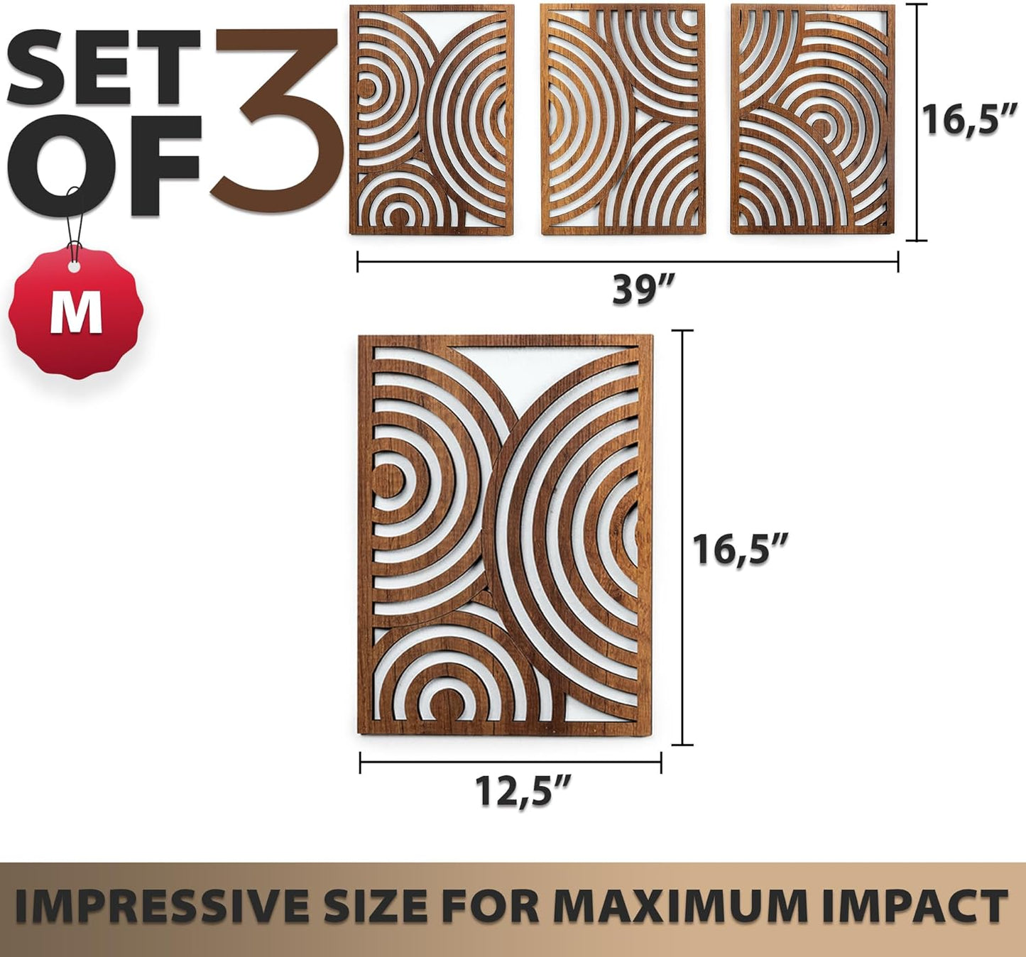 qmmp Modern Wooden Wall Sculptures - Set of 3 - Home Decor Accent - Large Wall Art for Living Room, Bedroom, Office - Easy Installation (Oak, Medium - Mountain and Sun)
