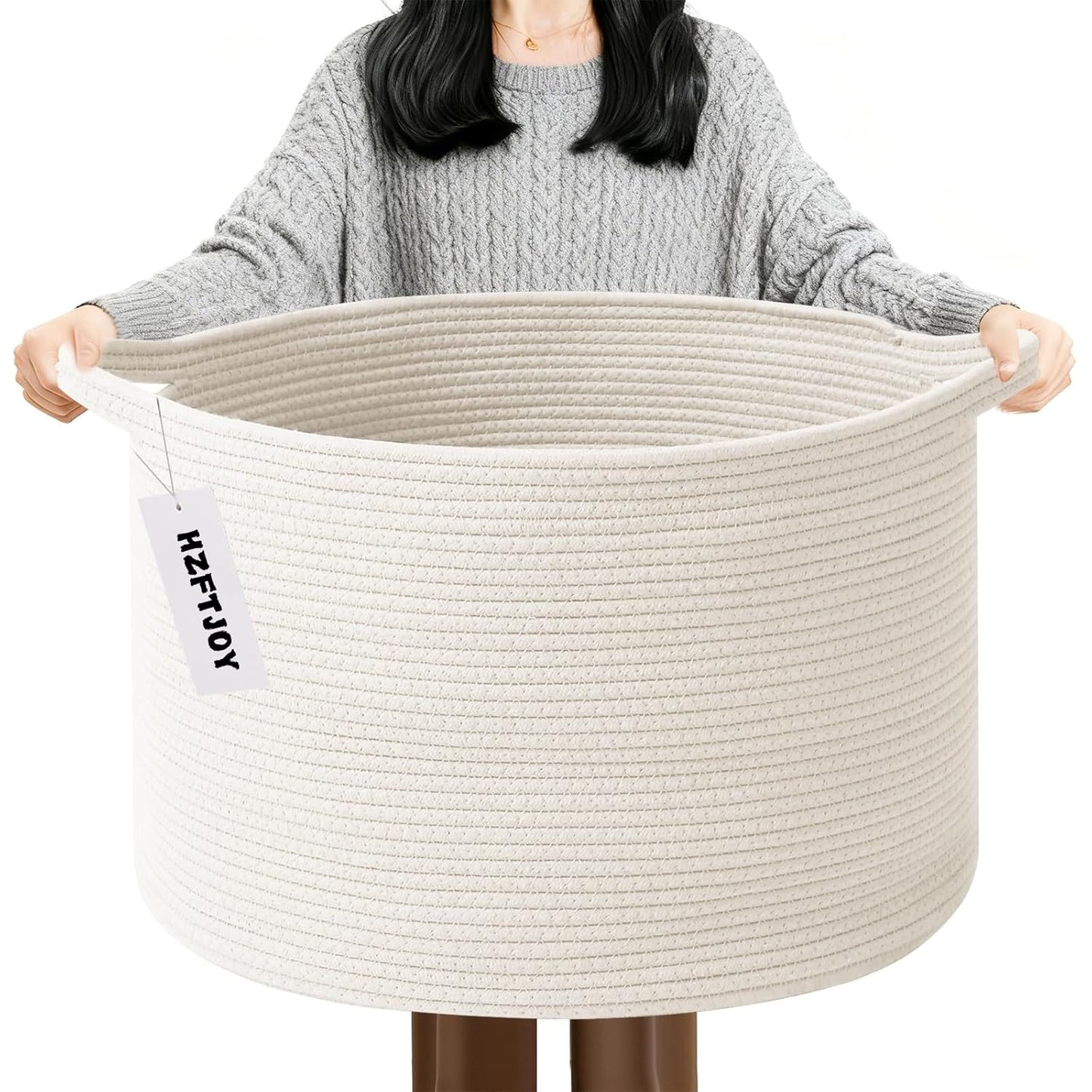 Large Woven Blanket Basket,65L Cotton Rope Laundry Basket Hamper with Handles, Decorative Nursery Basket Storage Bin for Toys, Clothes Organizer, Living Room, Bedroom, Bathroom, White & Brown