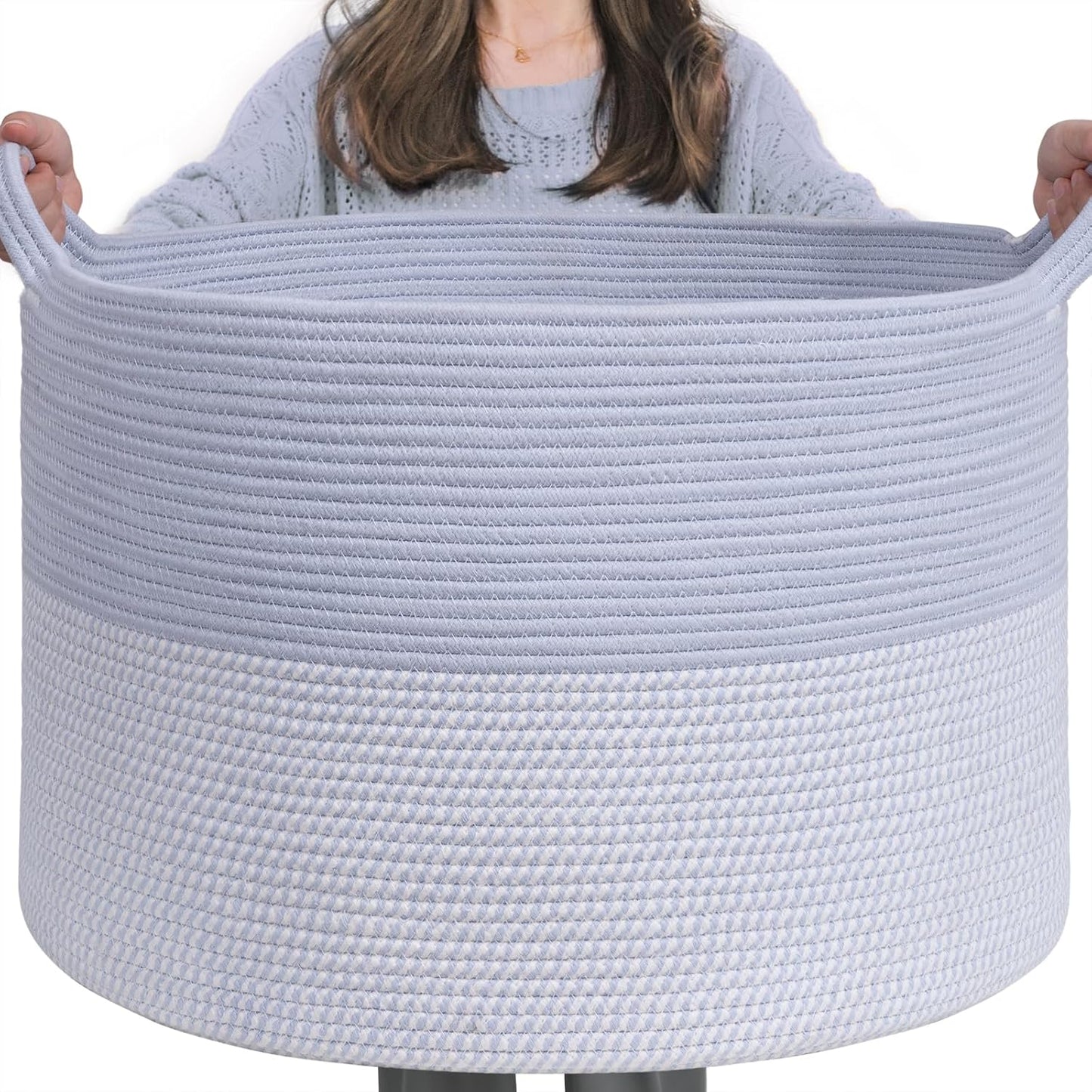 INDRESSME XXXLarge Blanket Basket for Living Room 21.7" x 21.7" x 13.8"-Storage Basket with Handle for Organizing Toy Pillows Woven Cotton Rope Laundry Basket Stuffed Animal Toy Storage for Play Room