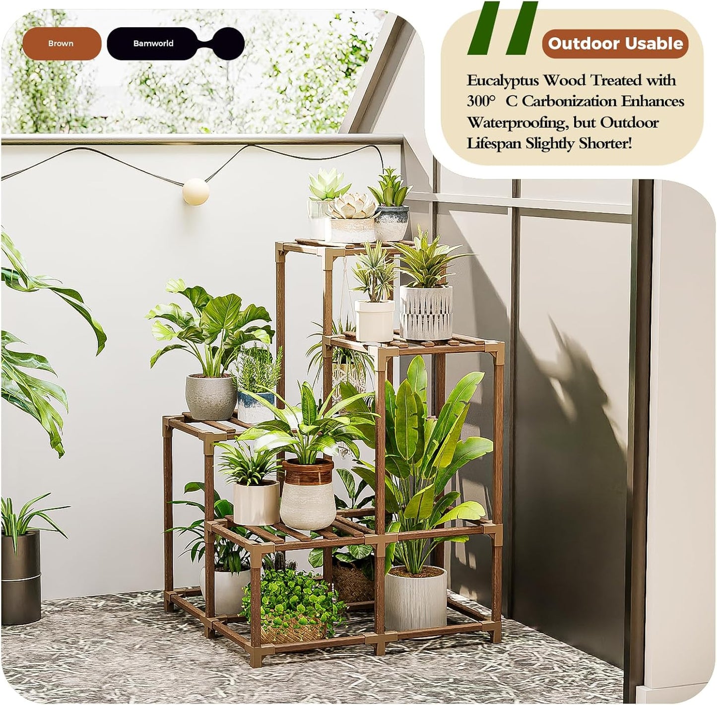Bamworld Plant Stand Indoor with Grow Lights Wood Plant Shelf for Hanging Planter Pots Display Flower Stand for Living Room Patio Garden Decor