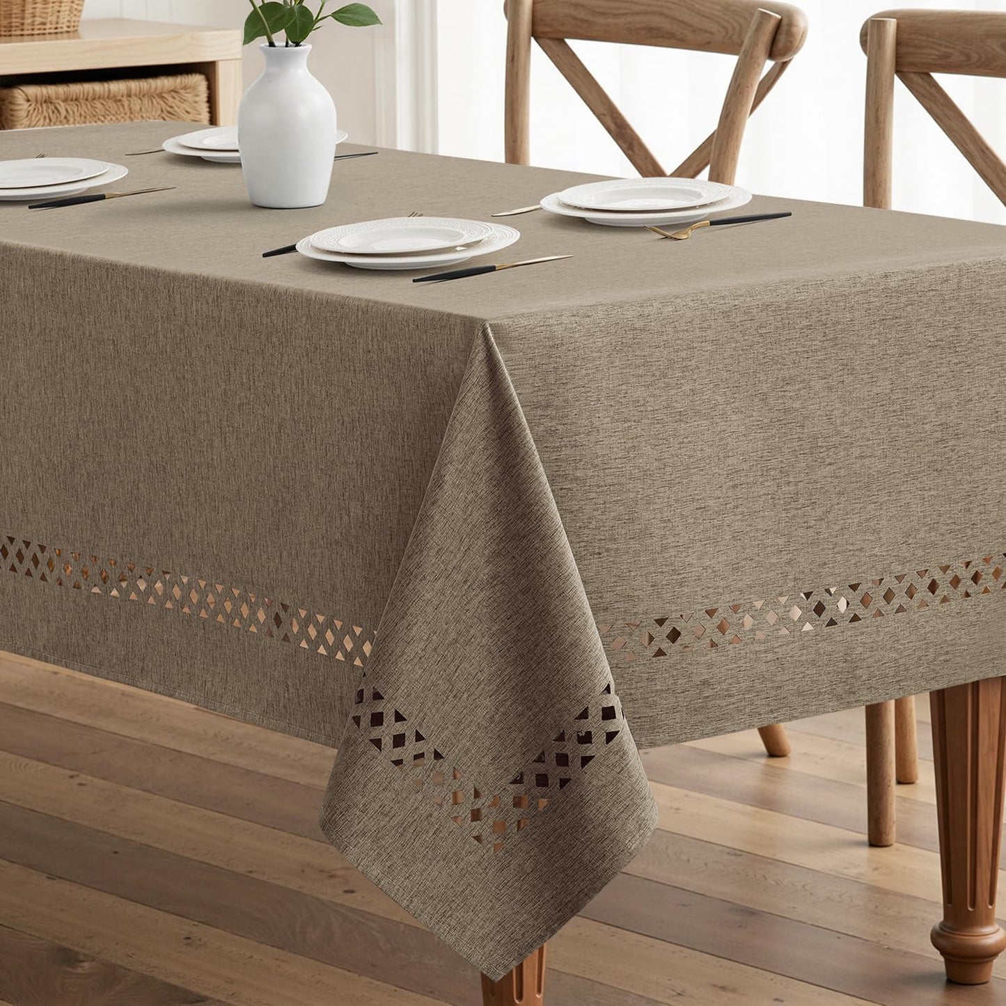 MIULEE Beige Rectangle Linen Polyester Tablecloth with Decorative Cutouts Spring Waterproof Stain Resistant & Shrink-Proof Table Cloth 52x70 inch Farmhouse Style for Dining Wedding and Outdoor