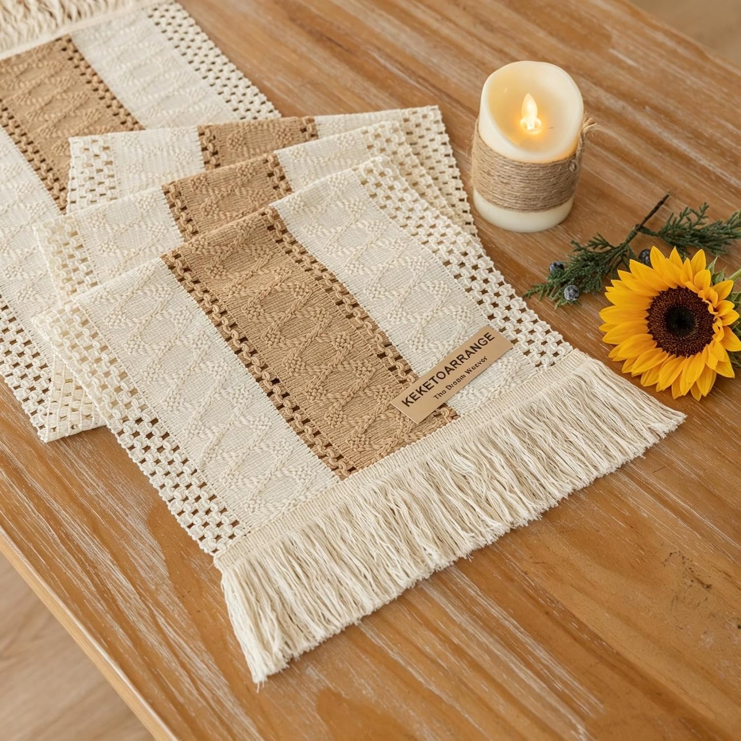 Keketoarrange Boho Sage Green Table Runner for Summer Home Decorations 12x72 Inches Farmhouse Small Macrame Woven Burlap Rustic Coffee Dresser Dining Kitchen Centerpiece Bohemian Decor