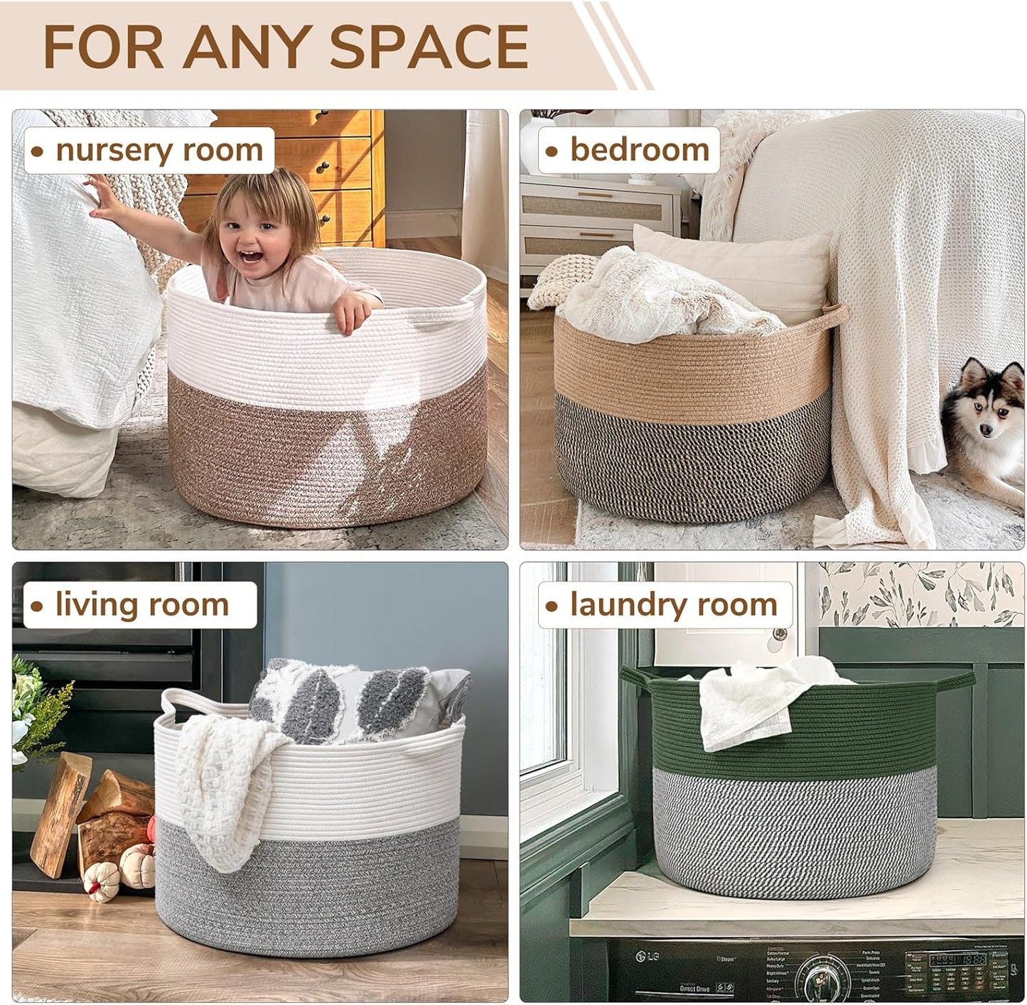 INDRESSME XXXLarge Blanket Basket for Living Room 21.7" x 21.7" x 13.8"-Storage Basket with Handle for Organizing Toy Pillows Woven Cotton Rope Laundry Basket Stuffed Animal Toy Storage for Play Room