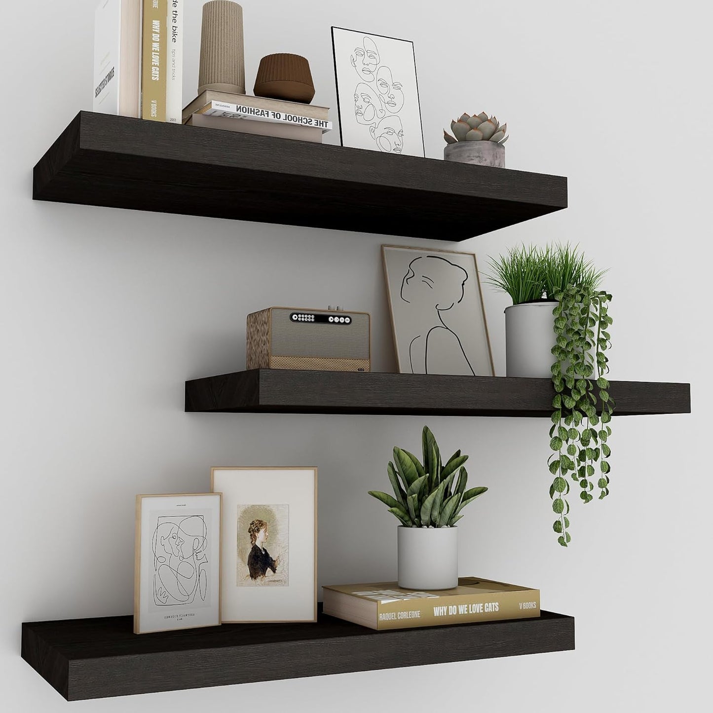 Upassion White Floating Shelves - Set of 3, 16" Wall Mounted Shelves for Home Decor, Living Room, Bedroom, Bathroom, Kitchen