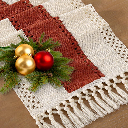 Socomi Boho Table Runner Summer Farmhouse Rustic Dining Kitchen Centerpiece Decor Small Macrame Woven Cotton Linen Coffee Table Runner for Dresser Scarf Home Decor 12x36 inch Beige