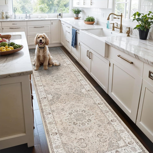2x6 Hallway Washable Runner Rug : Vintage Soft Kitchen Laundry Runner with Non Slip Backing Farmhouse Entryway Living Room Floor Mat Stain Resistant Carpet for Bedroom Bathroom Distressed Beside Rug - Colors A