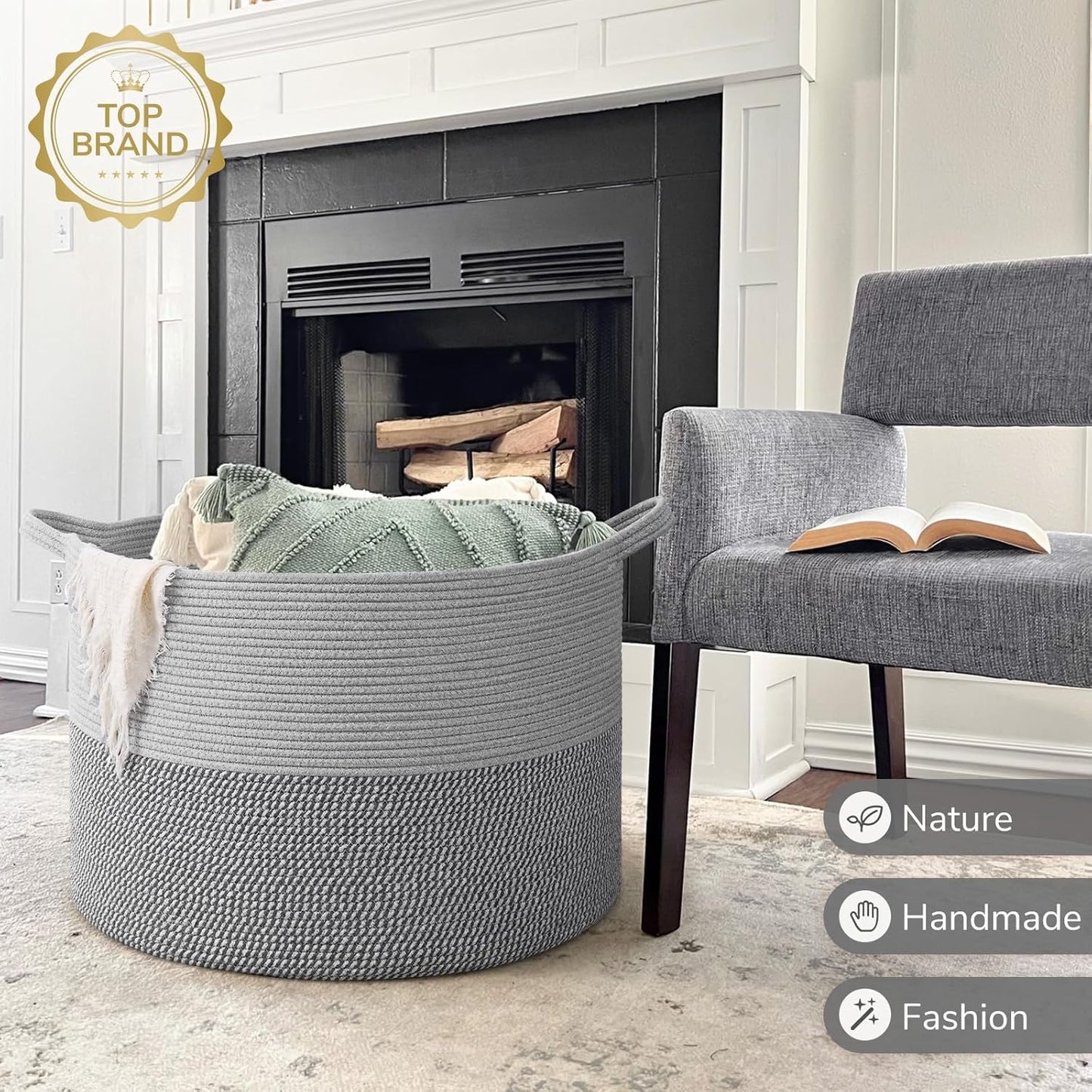 INDRESSME XXXLarge Blanket Basket for Living Room 21.7" x 21.7" x 13.8"-Storage Basket with Handle for Organizing Toy Pillows Woven Cotton Rope Laundry Basket Stuffed Animal Toy Storage for Play Room
