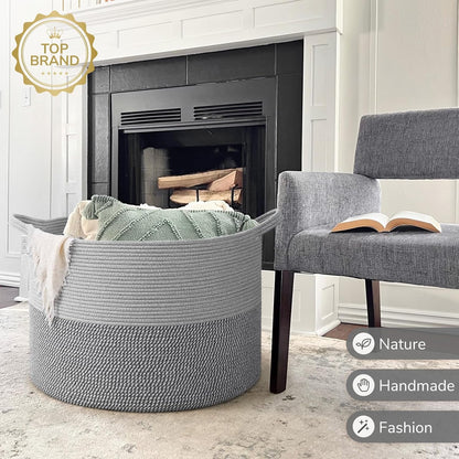 INDRESSME XXXLarge Blanket Basket for Living Room 21.7" x 21.7" x 13.8"-Storage Basket with Handle for Organizing Toy Pillows Woven Cotton Rope Laundry Basket Stuffed Animal Toy Storage for Play Room