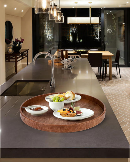 HofferRuffer Round Serving Tray 20'', Elegant Faux Leather Circle Ottoman Table Tray, Serve Tea Coffee Breakfast in Bedroom Living Room Kitchen (Brown)