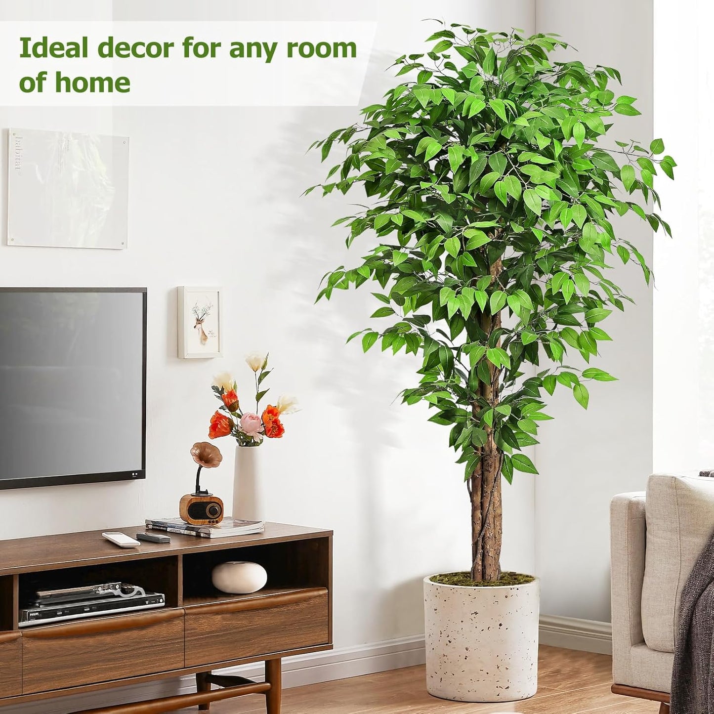 7ft Large Ficus Artificial Trees with Natural Curved Trunks, 84" Tall Lush Faux Tree for Home Decor Indoor, Green Lifelike Fake Ficus Tree Artificial Plants in Pot