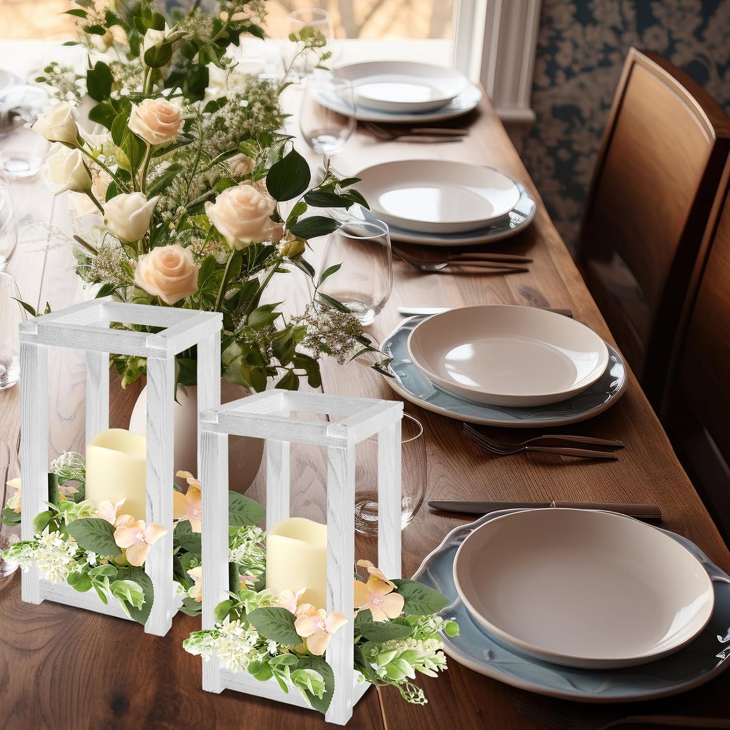 Hushee 30 Pcs Wooden Wedding Lantern Centerpiece Integrated Holders with Candles and Wreaths Rustic Wooden Candle Lantern Decor for Wedding Party Table Valentine Decor (Yellow)