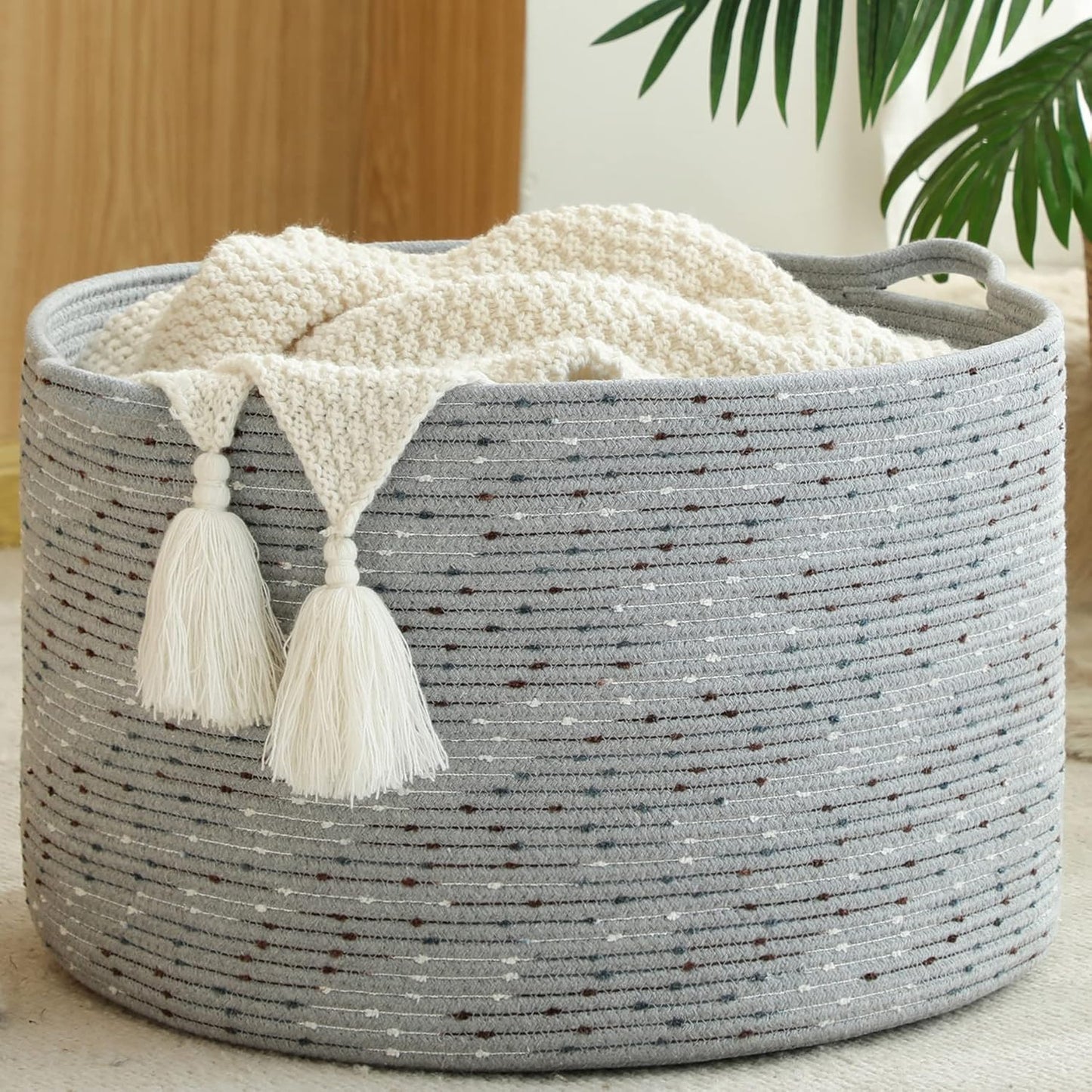 KAKAMAY Large Blanket Basket (20"x13"),Woven Baskets for storage Baby Laundry Hamper, Cotton Rope Blanket Basket for Living Room, Laundry, Nursery, Pillows, Baby Toy chest (White/Brown)