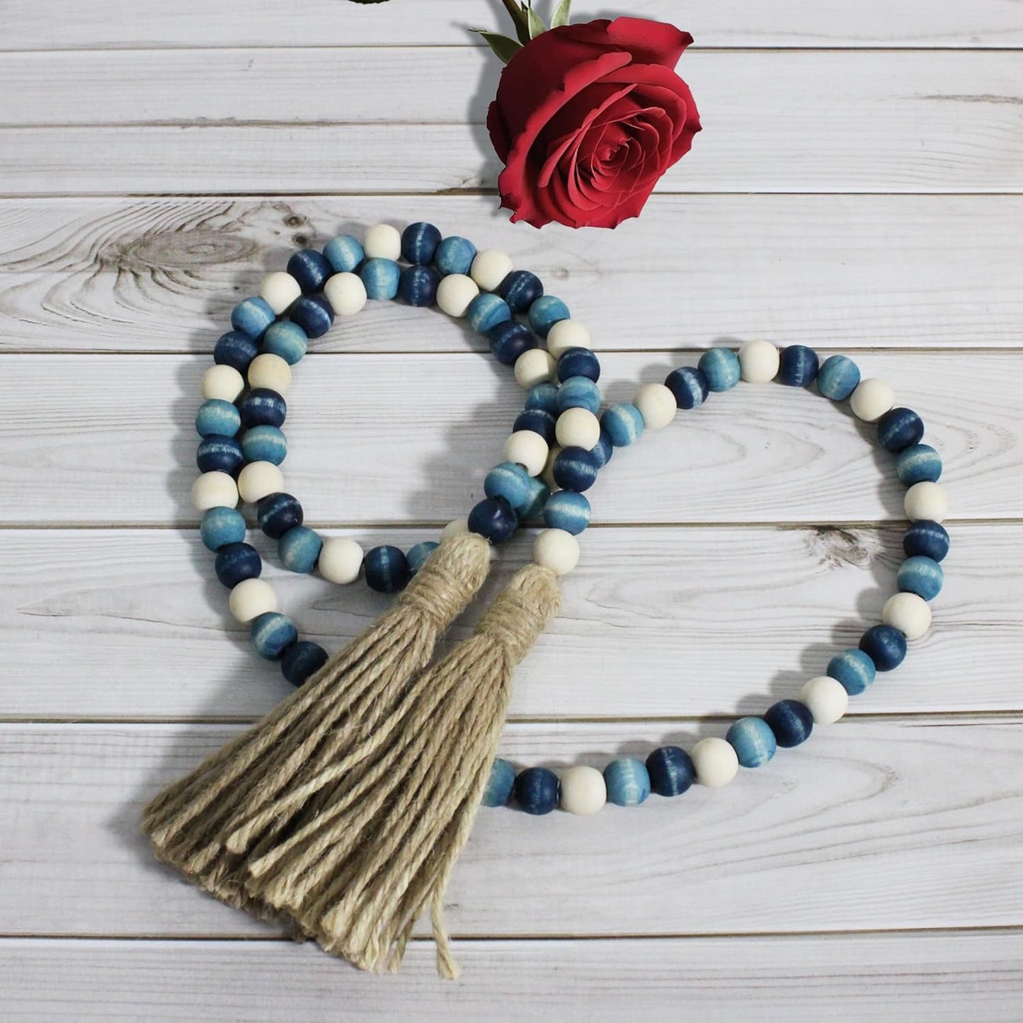 CVHOMEDECO. Wood Beads Garland with Tassels Farmhouse Rustic Wooden Prayer Bead String Wall Hanging Accent for Home Festival Decor. Mix Distressed