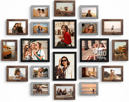 Vittanly 20 Pack Picture Frames Collage Wall Decor, Multi Sizes Including 4pcs 8x10, 8pcs 5x7 and 8pcs 4x6 Photo Frames, Gallery Frame Set for Wall or Tabletop Display, Black, Brown and Dark Grey