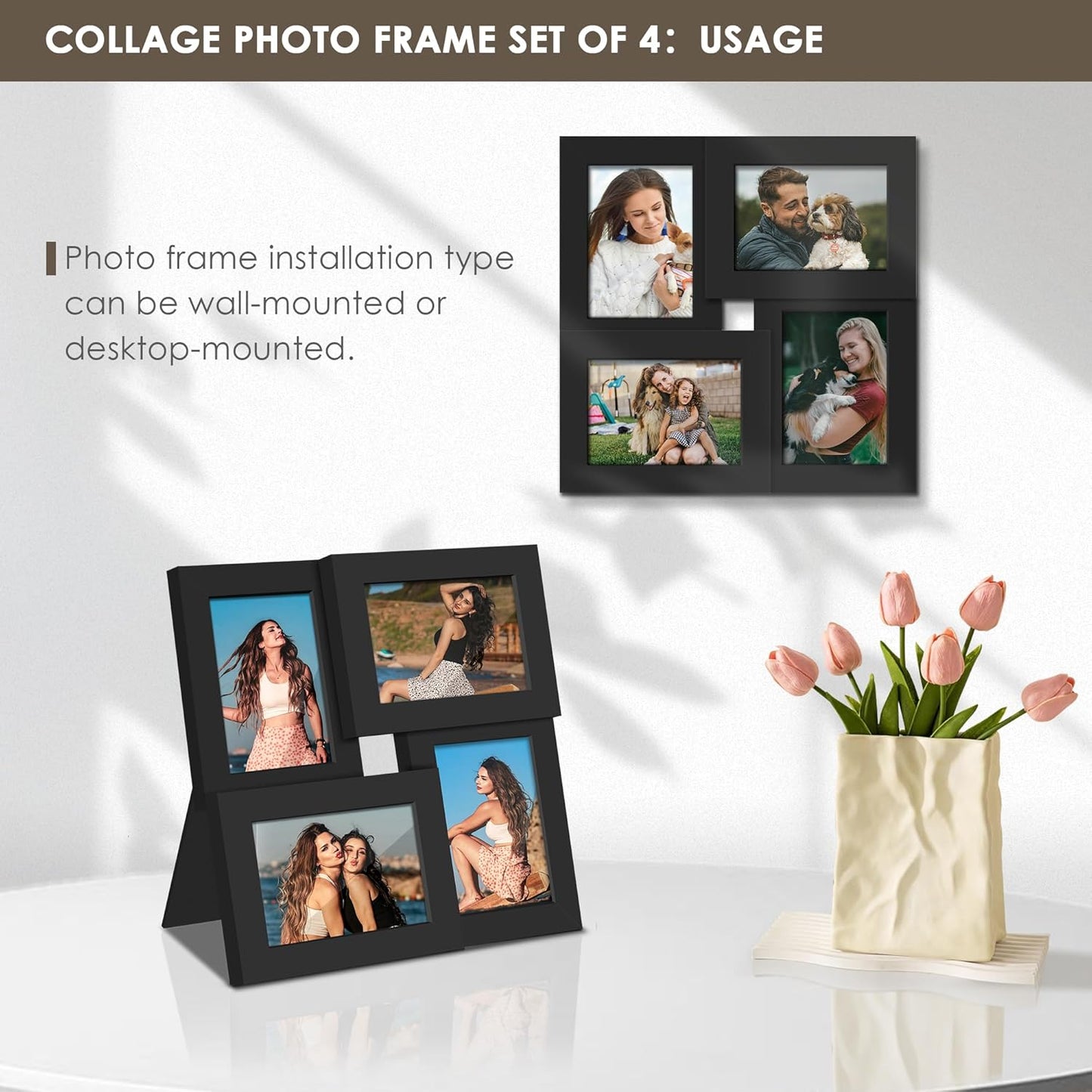 DUENPY 4x6 Collage Picture Frame Tempered Glass Front, Displays Four 4x6 Photo, Family Photo Collage Frame, Wall Decor Wall Hanging or Tabletop, Brown