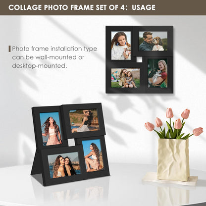 DUENPY 4x6 Collage Picture Frame Tempered Glass Front, Displays Four 4x6 Photo, Family Photo Collage Frame, Wall Decor Wall Hanging or Tabletop, Brown