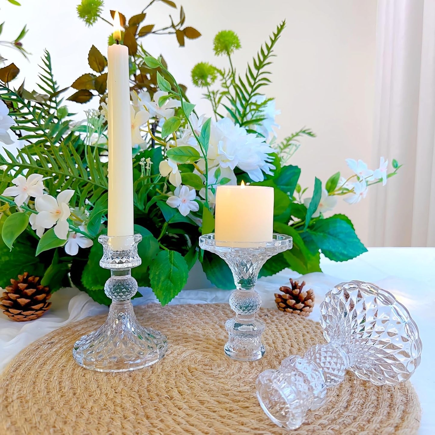 Glass Candlestick Holder,Striped Taper Candle Holders,Set of 6 Candle Stand for Table Centerpieces, Home Decor,Weddings,Festival and Parties (Clear Stripe Pattern)