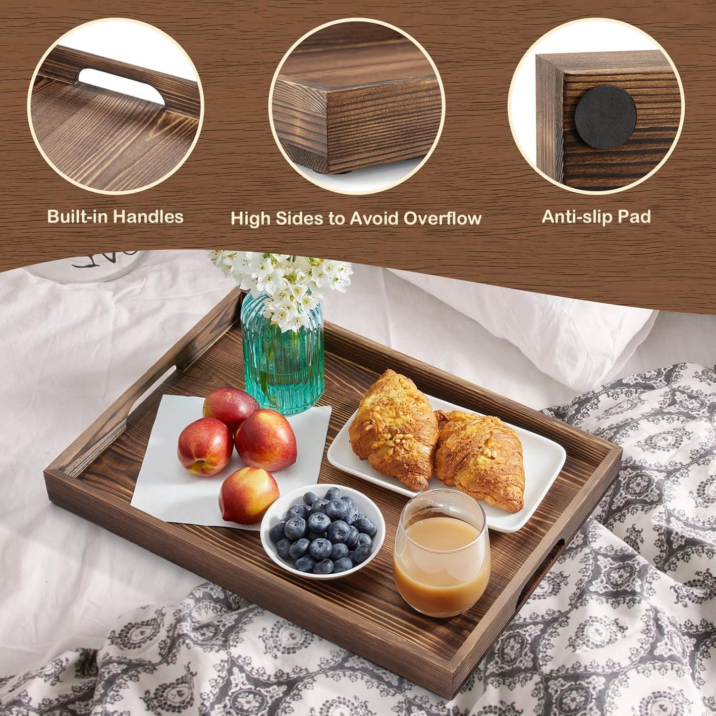 17 Inch Acacia Wood Serving Tray with Handles - Large Wooden Tray for Ottoman, Breakfast in Bed, Dinner, Coffee Table - Decorative Rectangular Tray for Living Room Bedroom Entryway and Kitchen