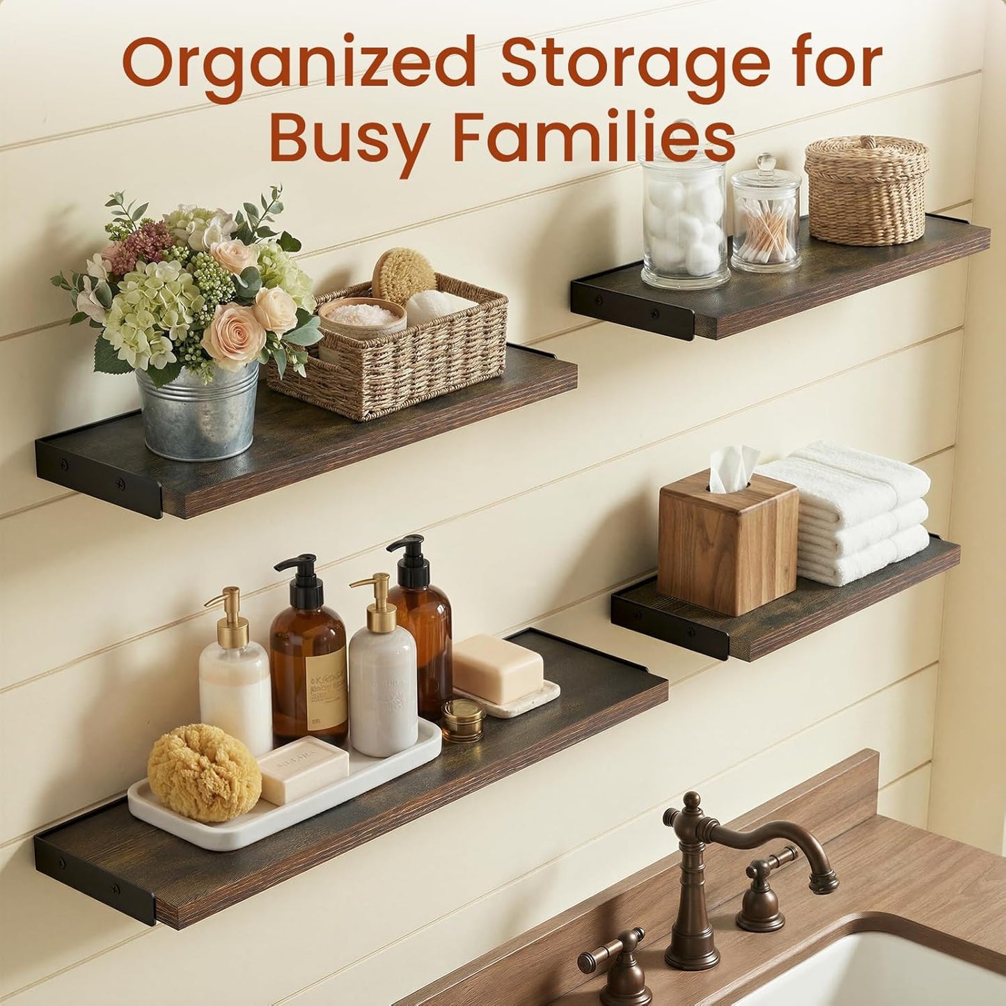 BAYKA Wall Mounted Floating Bathroom Shelves, Wood Wall Shelf for Bathroom Essentials & Decor, Space-Saving Display & Organizer (Black, Set of 4)