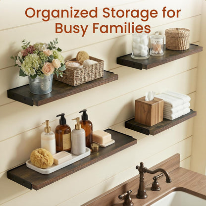 BAYKA Wall Mounted Floating Bathroom Shelves, Wood Wall Shelf for Bathroom Essentials & Decor, Space-Saving Display & Organizer (Black, Set of 4)
